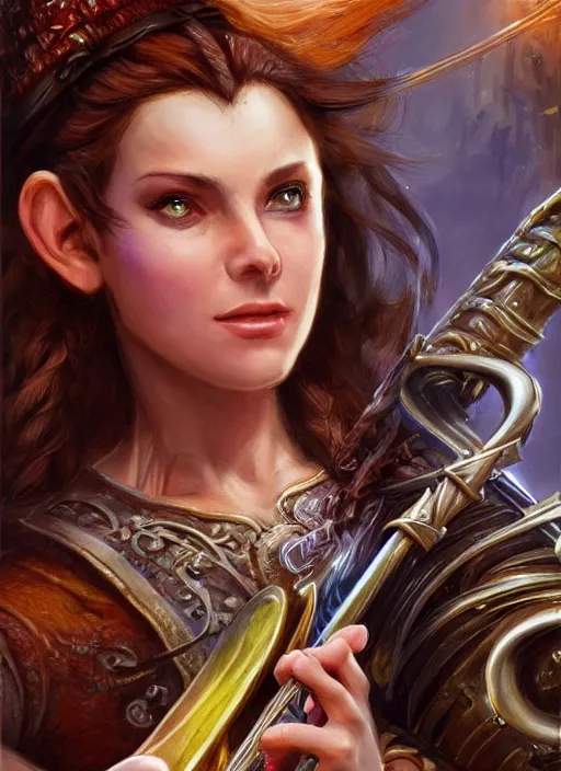 Image similar to female bard playing trumpet, ultra detailed fantasy, dndbeyond, bright, colourful, realistic, dnd character portrait, full body, pathfinder, pinterest, art by ralph horsley, dnd, rpg, lotr game design fanart by concept art, behance hd, artstation, deviantart, hdr render in unreal engine 5