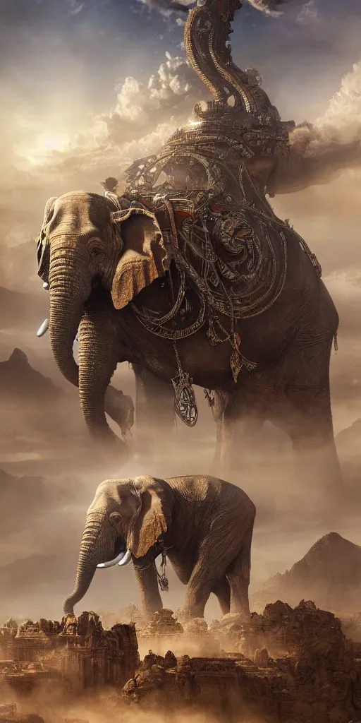 Image similar to epic view of an ancient Desert surrounded by clouds, Giant imposing biomechanical Elephant covered in jewels, ornate, biomechanical Elephant, full of strange statues and murals, full of smoke and dust, hyper real, Indiana Jones, Tomb Raider, trending on artstation, concept art, cinematic, jewels, by Greg Rutkowski