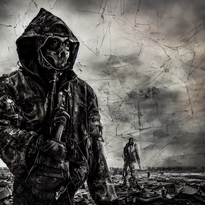 Prompt: gritty hooded apocalyptic man standing in destroyed airport, hyper - detailed, smooth, sharp focus, 4 k ultra hd, fantasy dark art, apocalyptic art