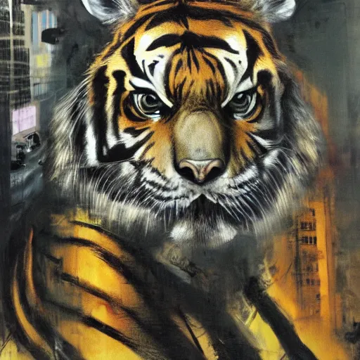 Image similar to tiger in the cityby dave mckean and yoji shinkawa, oil on canvas