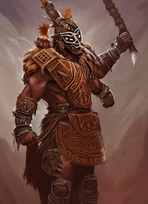 Prompt: a highly detailed illustration of tribal masked aztec warrior wearing brown robe, heroic fist pose, muscular, intricate, elegant, highly detailed, centered, digital painting, artstation, concept art, smooth, sharp focus, league of legends concept art, wlop.