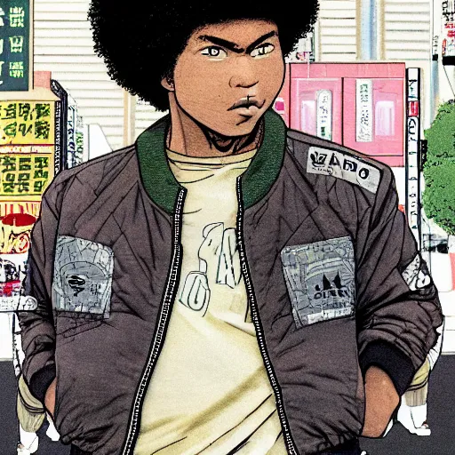 Image similar to illustration by katsuhiro otomo, black man with afro hair, stubble, wearing an adidas army green jacket, in the streets of tokyo, akira style, by katsuhiro otomo