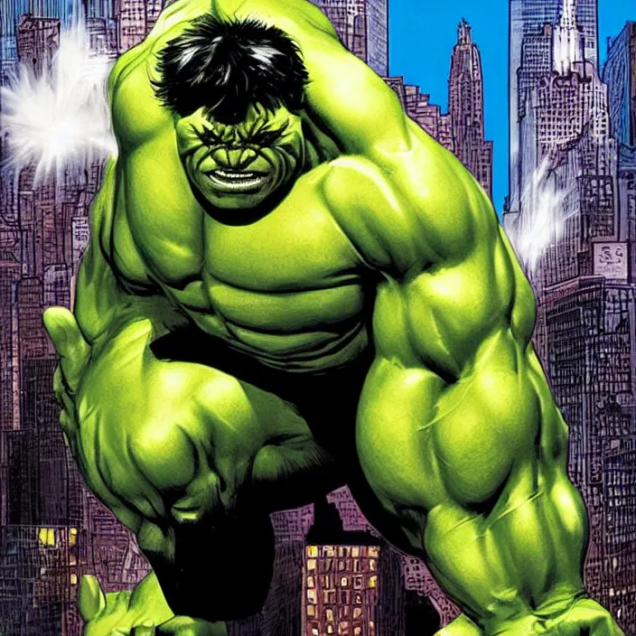 Image similar to a portrait of the incredible hulk looking angry in new york city by joe jusko, simone bianchi and alex ross dramatic lighting.