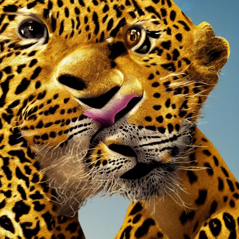 Image similar to octane render portrait by national geographic and wayne barlow and carlo crivelli and glenn fabry and pixar, a giant colorful furry realistic beautiful leopard wearing a hype beast bucket hat and a huge number of gold chains, cinema 4 d, ray traced lighting, very short depth of field, bokeh