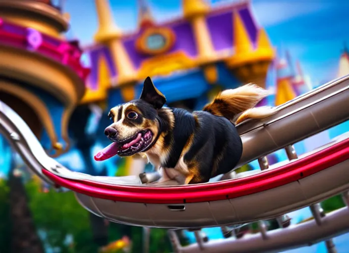 Image similar to film still of a dog riding a roller coaster in disneyland paris, 8 k