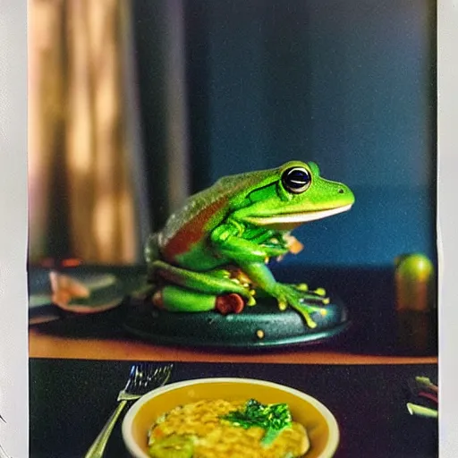 Prompt: frog levitating above the plate on a table with simple food, polaroid photography in style of andrey tarkovski, light caustics, iridescence, paranormal, spiritual, mystical, sublime