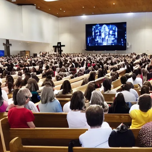 Prompt: large church congregation in service with a robot on a huge screen