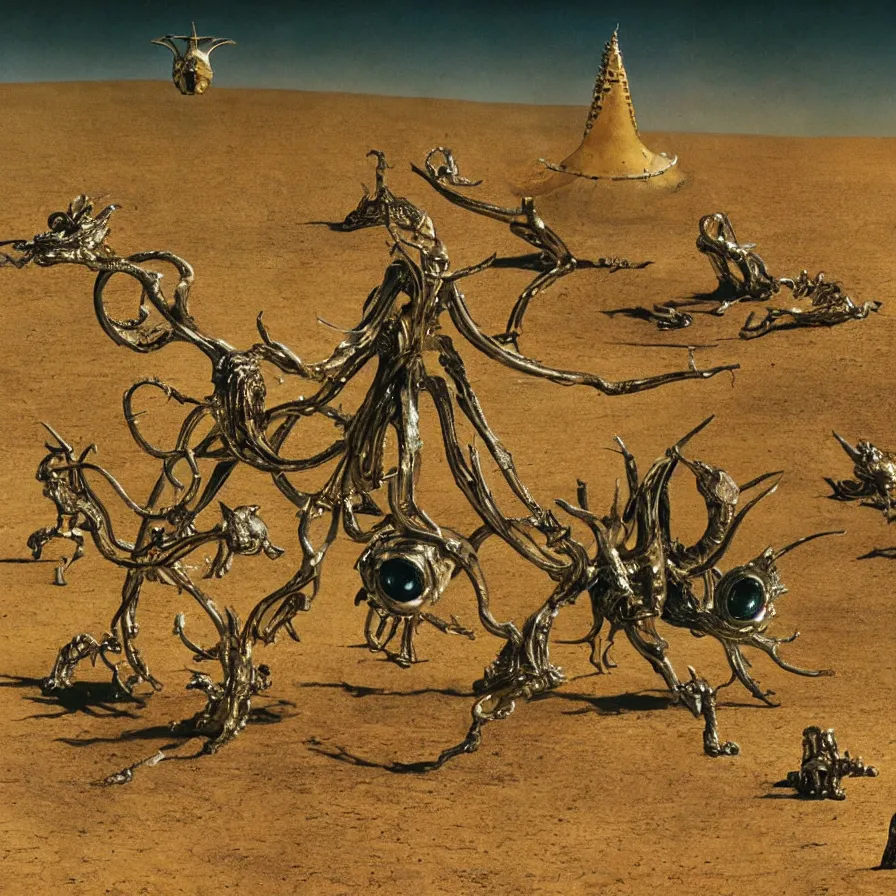 Image similar to salvador dali wearing a golden horned crown and jewels in a dry sand desert landscape, alien spaceship by giger in the landscape, film still from the movie by alejandro jodorowsky with cinematogrophy of christopher doyle and art direction by hans giger, anamorphic lens, kodakchrome, very detailed photo, 8 k