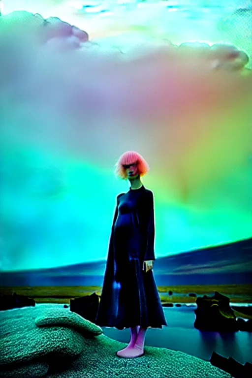 Image similar to high quality pastel coloured film close up wide angle photograph of a model wearing clothing swimming on cloud furniture in a icelandic black rock!! environment in a partially haze filled dreamstate world. three point light, rainbow. photographic production. art directed. pastel colours. volumetric clouds. pastel gradient overlay. waves glitch artefacts. extreme facial clarity. 8 k. filmic.