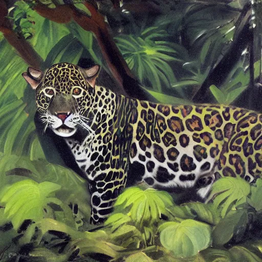 Image similar to intense jaguar in a dark misty jungle, by John Singer Sargent