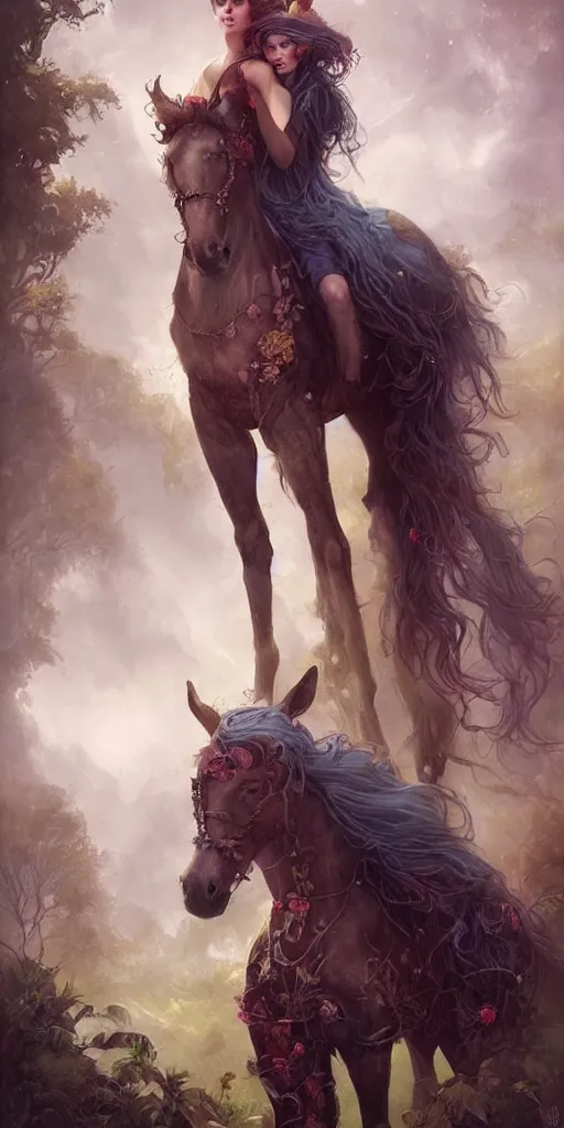 Image similar to a beautiful lush landscape of a the most beautiful woman and her draughthorse, hyperrealistic, award-winning, masterpiece, in the style of Tom Bagshaw, Cedric Peyravernay, Peter Mohrbacher