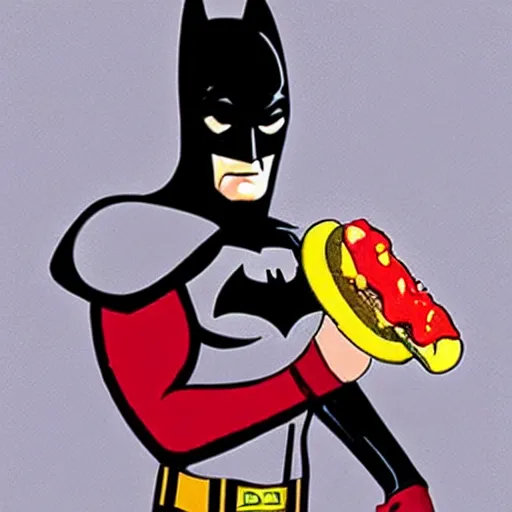 Image similar to batman eating hot dog with a lot of ketchup hyper realistic