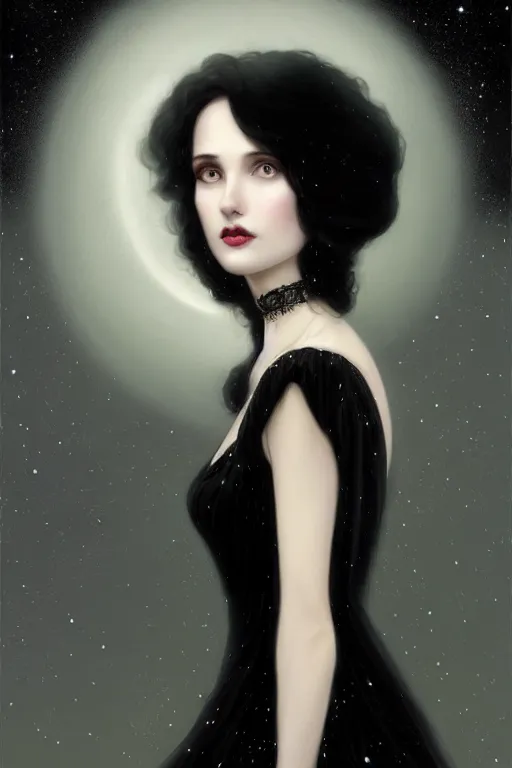 Image similar to Nocturne, glowing, stars, a long-legged elegant sultry woman, long black hair with white tips, pearl choker, highly detailed, mysterious, ethereal, dressed in black velvet, haute couture, illustration, dramatic lighting, soft details, painting, by Edmund Blair Leighton, Brom, Charlie Bowater, trending on artstation, faces by otto schmidt