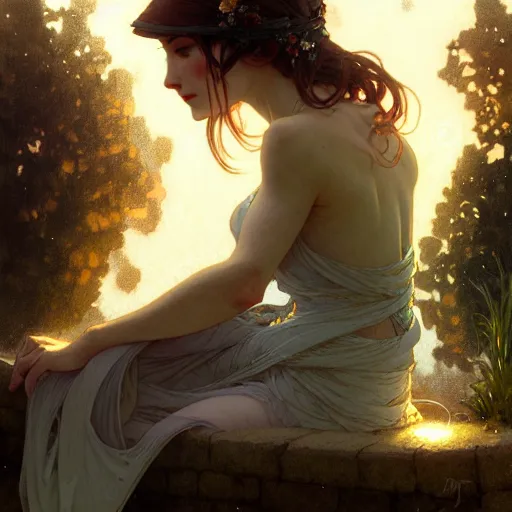 Prompt: A young woman sitting on a stone wall surrounded by water and glowing with light, intricate, delicate, elegant, highly detailed, digital painting, artstation, concept art, smooth, sharp focus, illustration, art by Krenz Cushart and Artem Demura and alphonse mucha