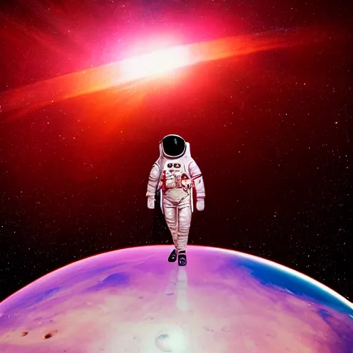 Image similar to A wide angle shot from below of a female astronaut with a feminine body walking with swagger towards camera on mars in an infinite universe , synthwave digital art