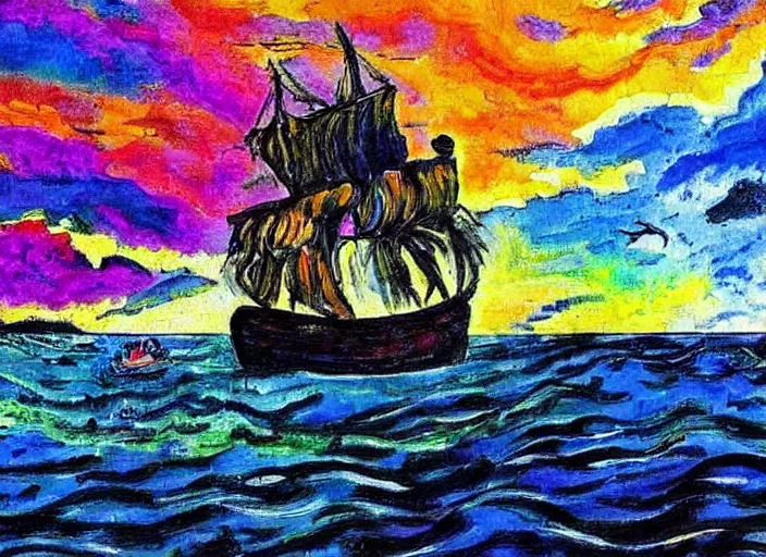 Prompt: the tempest fauvist maritime painting saturated colors deep blacks