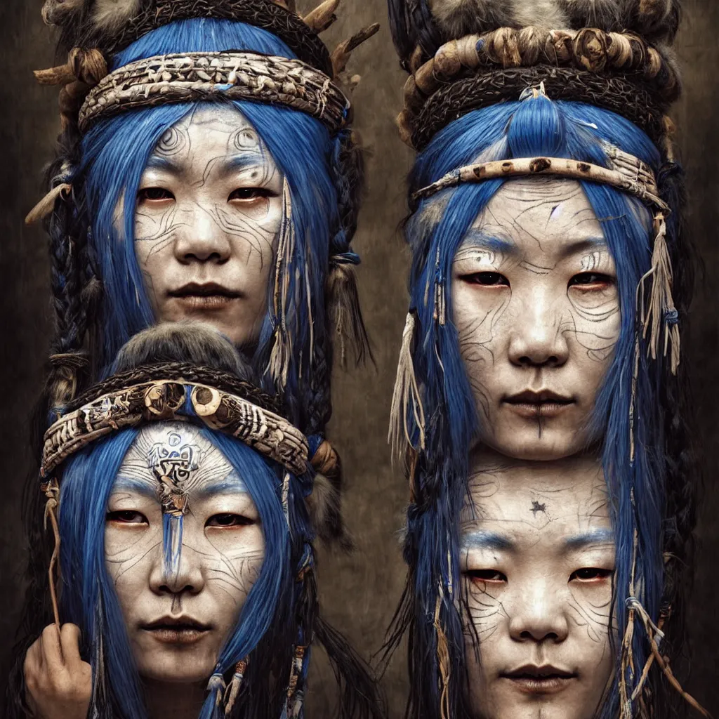 Image similar to A young blindfolded shaman japanese woman with a decorated headband performing a pagan ritual, in the style of heilung, blue hair dreadlocks and wood on her head, tribal piercing and tatoos , atmospheric lighting, intricate detail, cgsociety, ambient light, dynamic lighting, art by karol bak