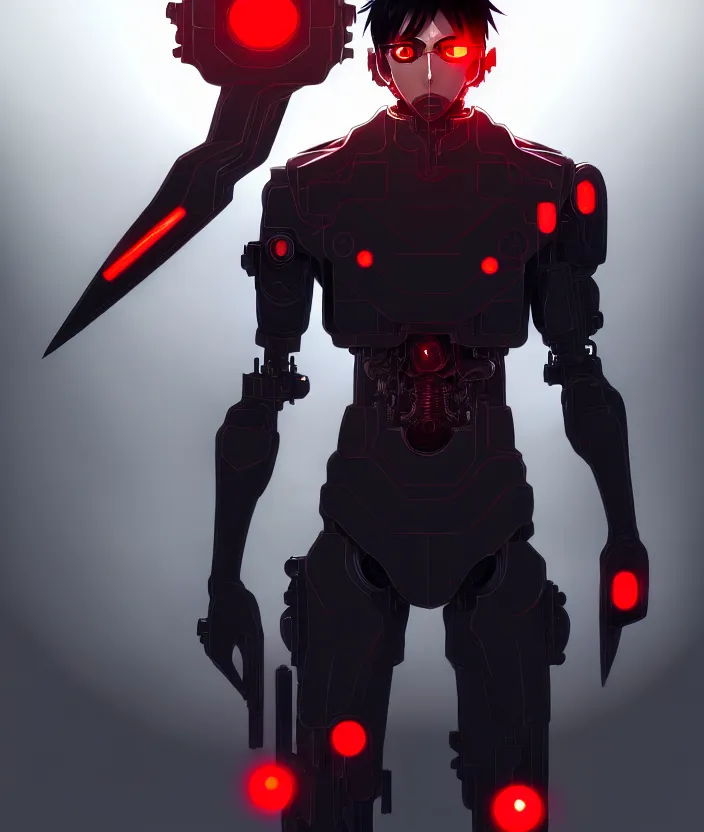 Prompt: a detailed manga illustration character full body portrait of a dark haired cyborg anime man who has a red mechanical eye, trending on artstation, digital art, 4 k resolution, detailed, high quality, sharp focus, hq artwork, insane detail, concept art, character concept, character illustration, full body illustration, cinematic, dramatic lighting