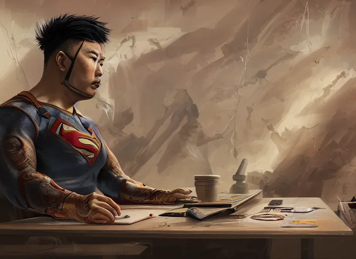 Image similar to an insanely detailed painting of an asian man wearing a homemade superhero costume, sitting at a desk, staring seriously at the computer and typing, in the style of peter mohrbacher, james jean, artgerm, dramatic lighting and composition, surreal background, octane render, pixar, trending on artstation, concept art, comic book, view from behind, 8 k