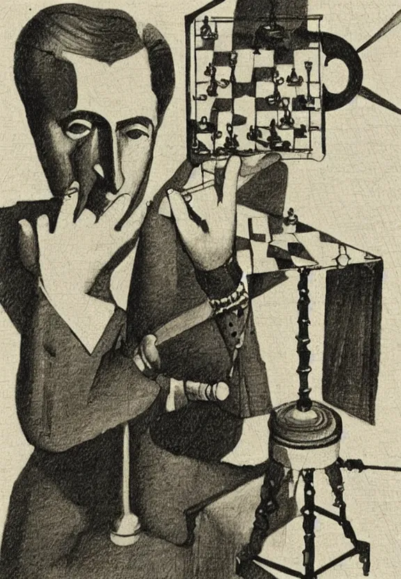 Image similar to a concept drawing of marcel duchamp holding up a chess - piece wire - machine, a surrealist painting by marcel duchamp, complex artificial - intelligence machinery, minimal sketch flow - chart, academic art, 1 9 2 0 s