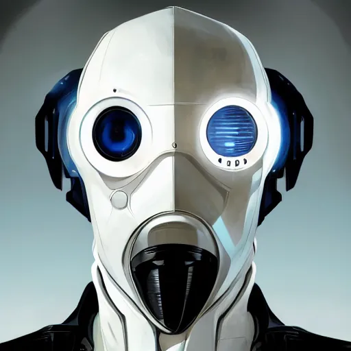 Image similar to portrait of a character with many robotic eyes, wearing sleek clothes, wearing a flowing white tailcoat, wearing a futuristic insectoid armored white mask with five circular lenses for eyes, the mask covers his entire face, many eyes, dramatic lighting, illustration by Greg rutkowski, yoji shinkawa, 4k, digital art, concept art, trending on artstation