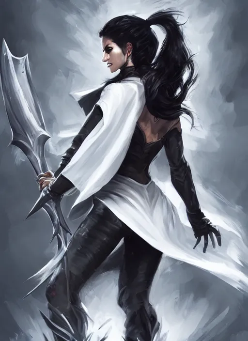 Image similar to a highly detailed illustration of fierce messy ponytail black haired one armed delinquent woman wearing long white coat cape, dramatic wielding sword pose, muscular, intricate, elegant, highly detailed, centered, digital painting, artstation, concept art, smooth, sharp focus, league of legends concept art, wlop.