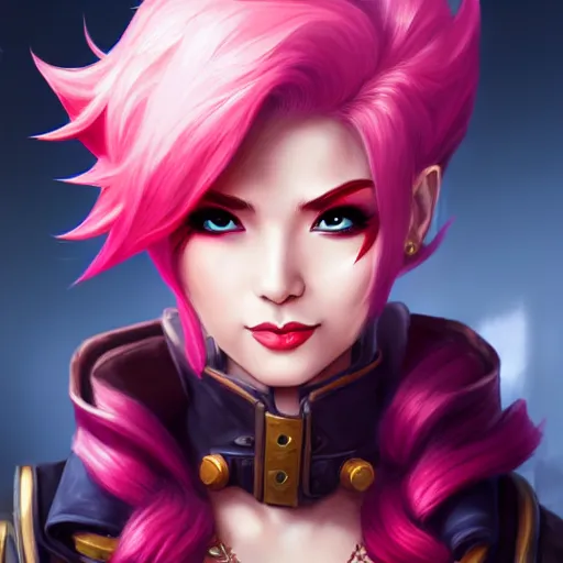 Prompt: portrait of Vi from League of Legends, by Fortiche Studio, from Netflix's Arcane, trending on artstation,fine details, realistic shaded, fine-face, Steampunk city on the background, red hair, painted texture, pretty face,by Artgerm