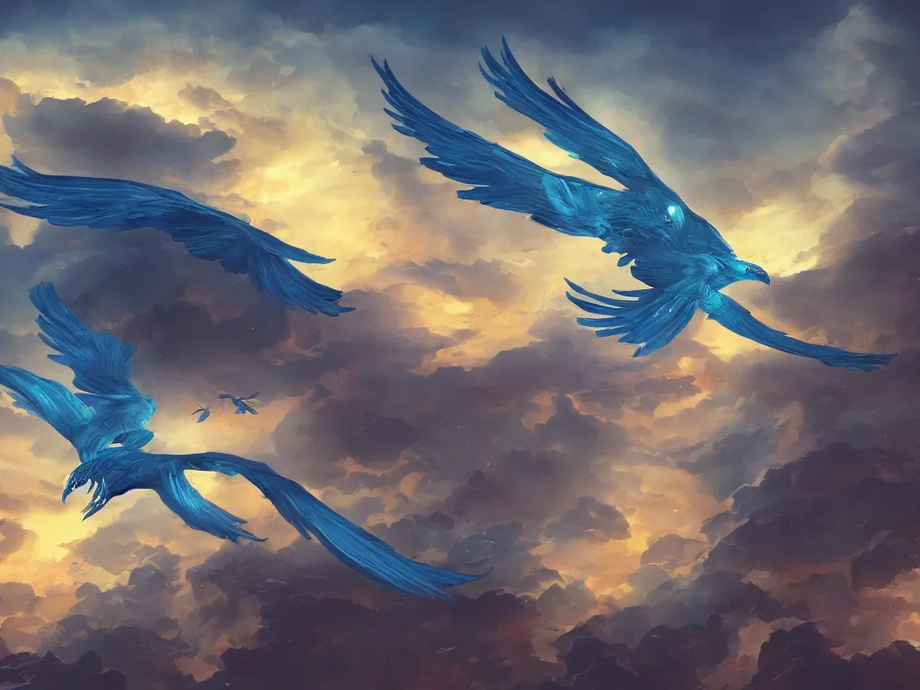 Image similar to a blue phoenix flying over McDonalds, digital painting, trending on artstation, deviantart, 8k, epic composition, intrinsic details, perfect coherence