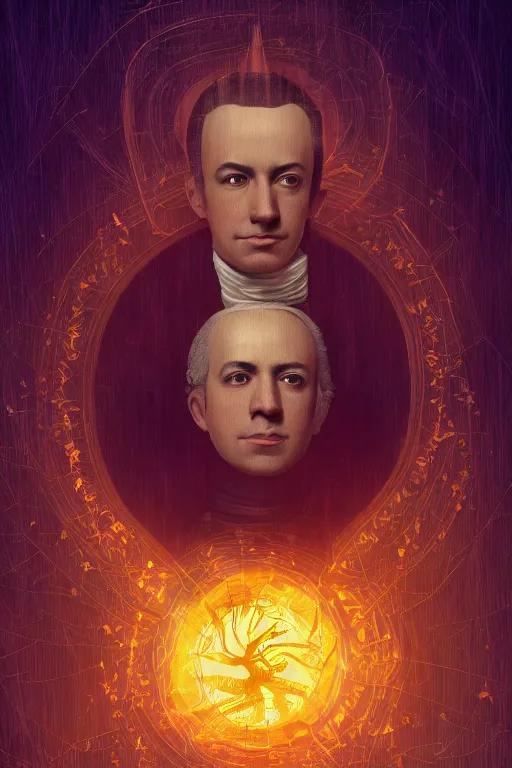 Prompt: Alexander Hamilton, Lin-Manuel Miranda, magical, forest, evening, yellow mist, symmetrical face, large eyes, symmetrical magic star, hyper realistic, digital art, octane render, trending on artstation, artstationHD, artstationHQ, unreal engine, 4k, 8k