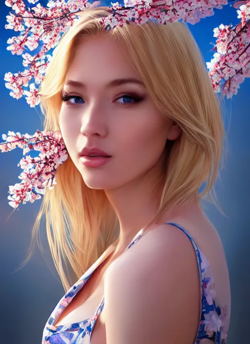 Image similar to photo of a gorgeous blonde female in the style of stefan kostic, realistic, half body shot, sharp focus, 8 k high definition, insanely detailed, intricate, elegant, art by stanley lau and artgerm, extreme blur cherry blossoms background