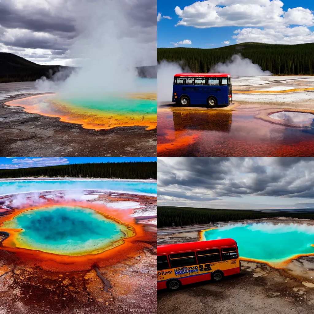 Prompt: A London bus sunk in the Grand Prismatic Spring, Yellowstone National Park