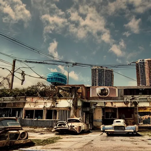 Image similar to low wide angle shot of dilapidated fallout 5 miami, tropical coastal city, desolate, dilapidated neon signs, few rusted retro futuristic vintage parked vehicles like cars, buses, trucks, trams, sunny weather, few clouds, volumetric lighting, photorealistic, daytime, spring, sharp focus, ultra detailed, 4 0 0 0 k