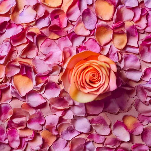 Prompt: bottle buried in luscious pink rose petals, peach background, soft femme, romantic environment, up close shot