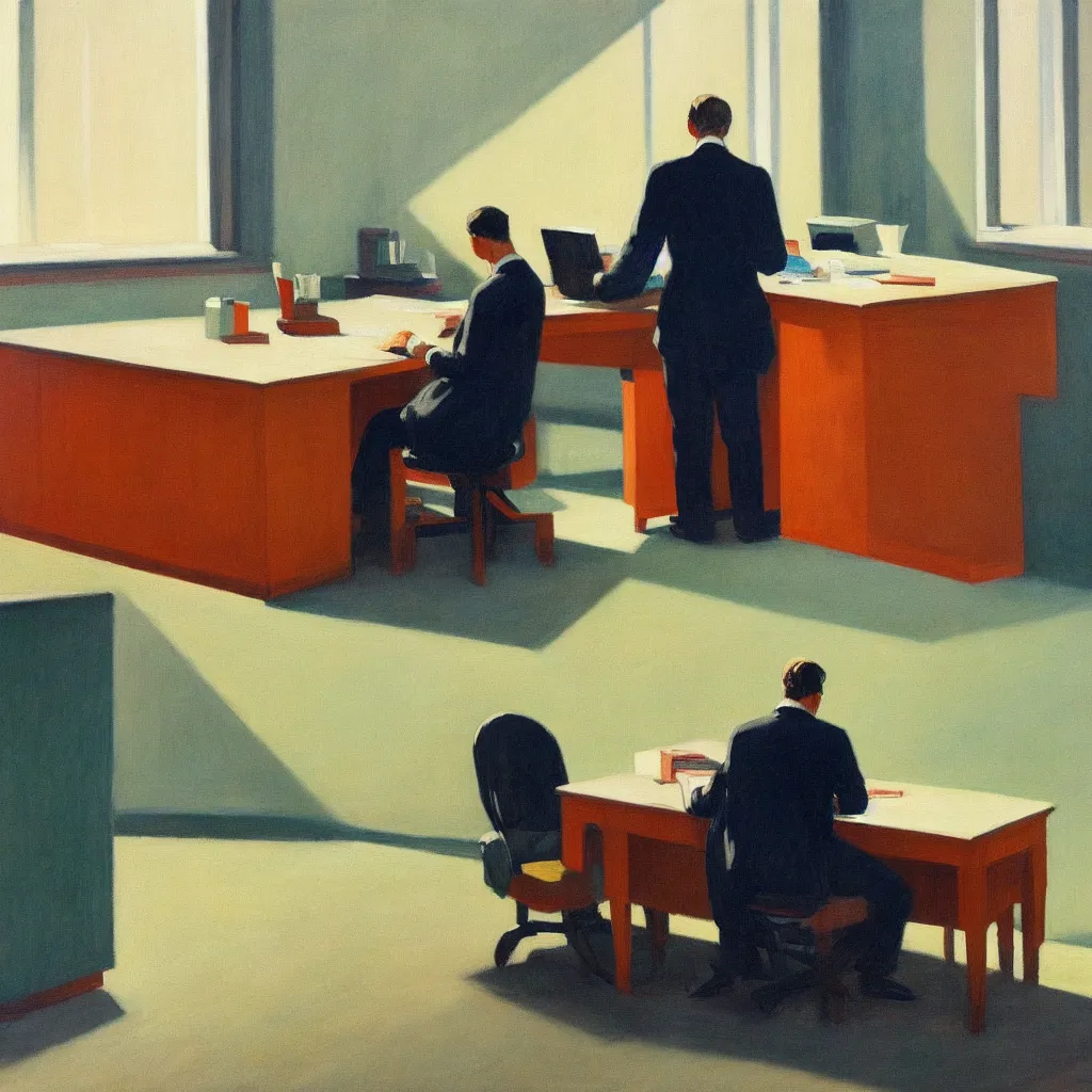 Prompt: painting of a man, sitting at his desk alone, in a huge office, in the style of edward hopper