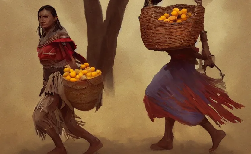 Image similar to A painting of an Aztec Woman carrying a Basket of Fruit trending on artstation in the style of Greg Rutkowski