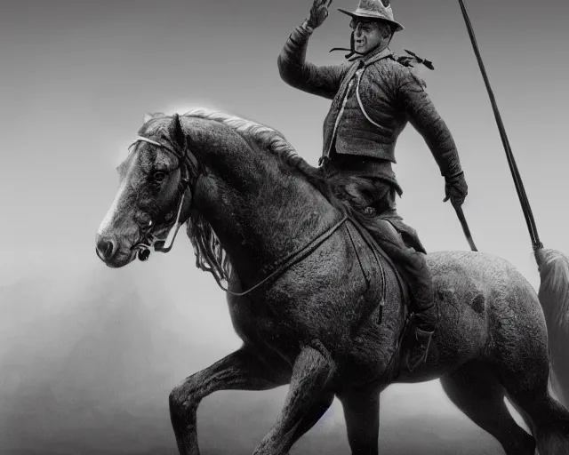 Prompt: a black and white photo of a man on a horse, an ambient occlusion render by frederic remington, cgsociety contest winner, fantasy art, matte drawing, vray, matte painting