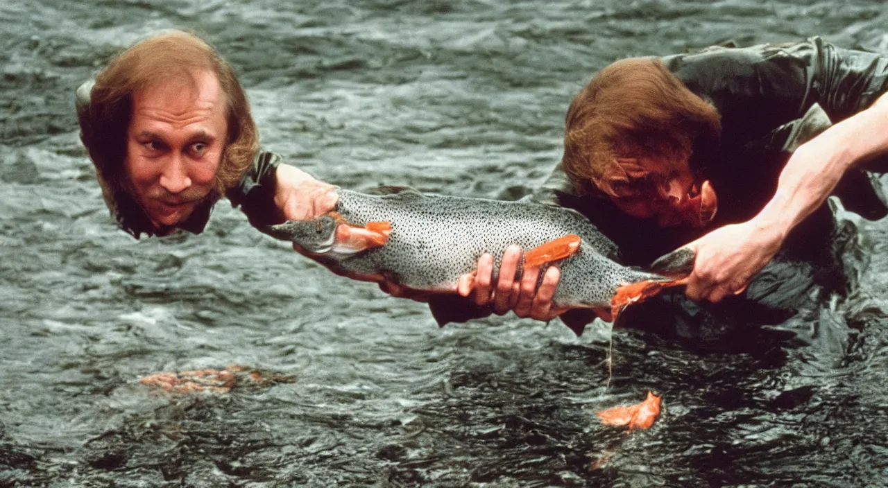 Image similar to 7 0 s movie still of putin catching a salmon with his hands, cinestill 8 0 0 t _ 3 5 mm eastmancolor, heavy grain, high quality, high detail