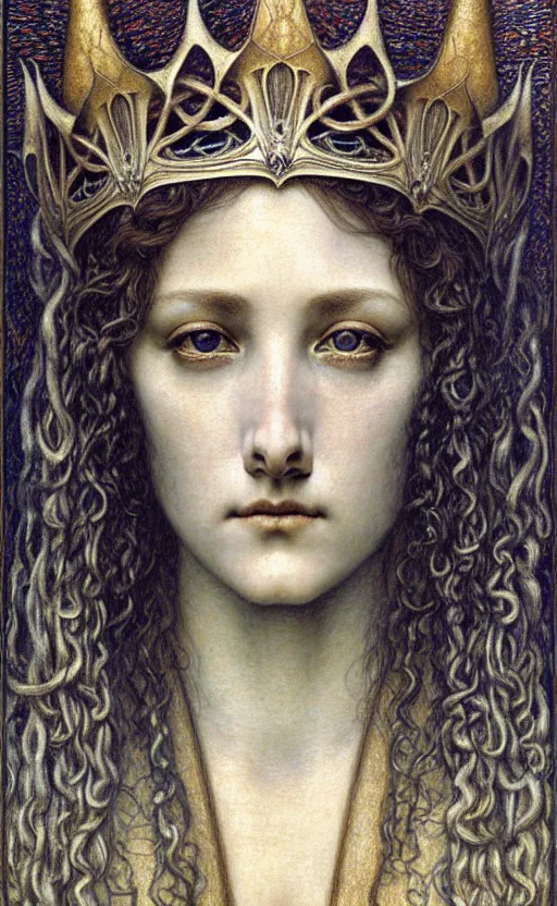 Image similar to detailed realistic beautiful young medieval queen face portrait by jean delville, gustave dore and marco mazzoni, art nouveau, symbolist, visionary, gothic, pre - raphaelite. horizontal symmetry