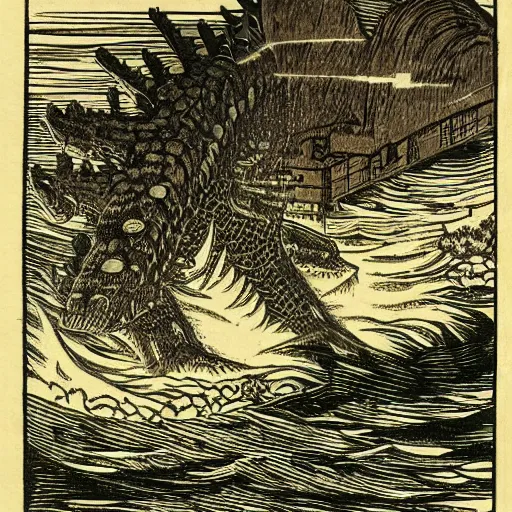 Prompt: 19th century woodcut, godzilla attacking tokyo