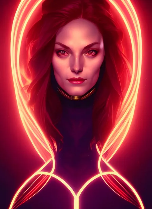 Image similar to symmetry portrait of jean grey from 9 0 s x - men, glowing lights, intricate, elegant, highly detailed, digital painting, artstation, concept art, smooth, sharp focus, illustration, art by artgerm and greg rutkowski and alphonse mucha