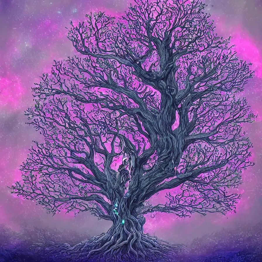 Prompt: dying grey demon grown into a mighty tree of life with blue foliage and a pink glow with huge wide angel wings laying in beautiful summer flowers in amazing serene landscape in sun rays All the flowers around me are blooming. Lovely Peaceful elvish forest on corners. Red burning meteor falling on background. Apples and birds on trees. Rainbow. Raining. Starts falling. Incredible colors. Hyperdetailed. Autumn color scheme.