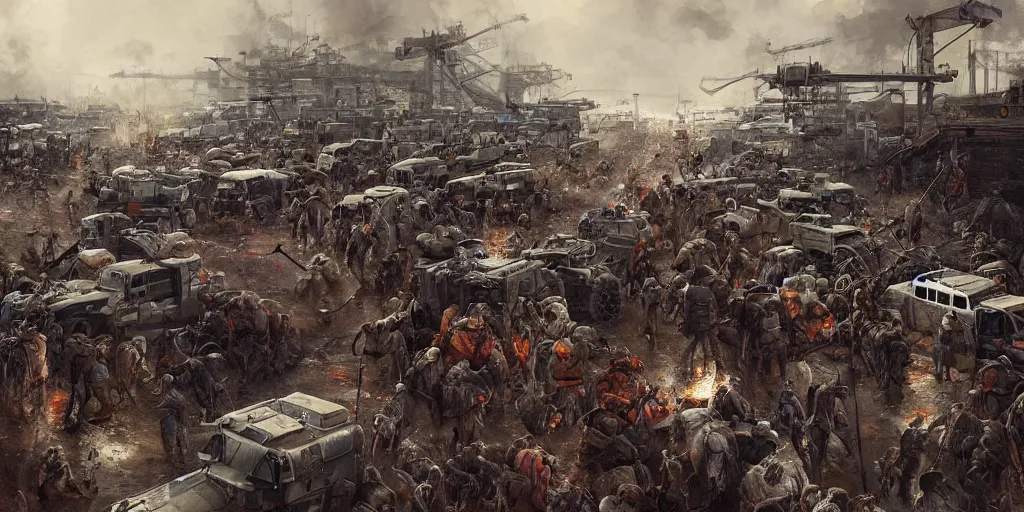 Image similar to highly detailed war photograph of a highway checkpoint surrounded by climate migrants, cinematic, realistic, surreal, intricate, digital art, ambient, by darek zabrocki, industrial art style, 3 5 mm film grain, artstation