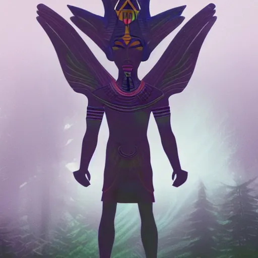 Prompt: a mystical alien pharaoh standing in a dark, gloomy forest, detailed, mythical, mist, depressing, tired, dark, lush, nature, mist, mystery, glows, somber, dismal, fog, heavy fog, dark lighting, rim light, ambient light,