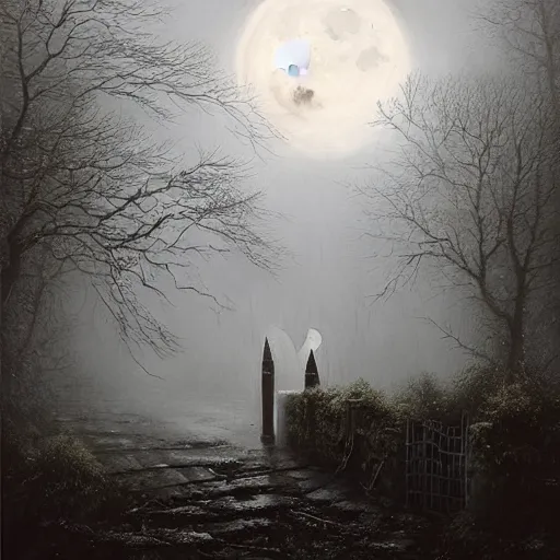 Image similar to Step out the front door like a ghost into the fog, Where no one notices the contrast of white on white, And in between the moon and you, The angels get a better view Of the crumbling difference between wrong and right, highly detailed matte painting by Lee Madgwick and Jessica Rossier