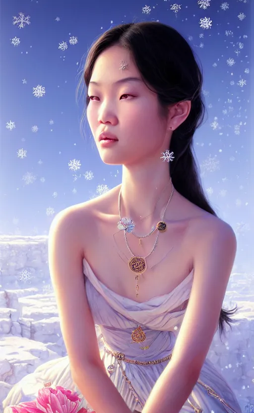 Image similar to a beautiful young charming asian goddess with sundress + jewelry + shinny eyes | | winter, symmetric, realistic shaded, unpleasant face, good looking, fine details, dior, lv, realistic shaded lighting poster by greg rutkowski, macoto takahashi, magali villeneuve, artgerm, jeremy lipkin and michael garmash