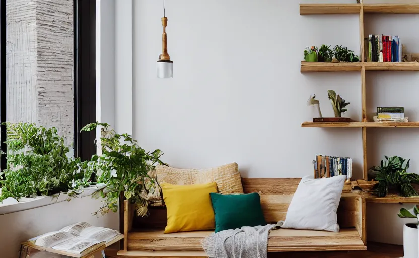 Image similar to interior desing magazine photo of a big window with a wooden frame to sit on, some sandy yellow pillows, there are some books on a small integrated shelf, hanging plants, great architecture, ambient light, 8k