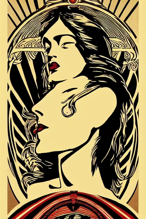 Image similar to Shepard Fairey poster of a Greek Goddess posed in profile, she has beautiful bone structure and long hair. Eyes closed. highly detailed, ornate, Art Deco