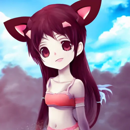 Image similar to portarait anime chibi smiling girl with cat ears, redhead, floating on a cloud, trending on artstation , high resolution, highly detailed