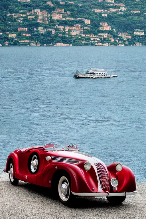 Image similar to Photo of a red 1939 Delahaye parked on a dock with Lake Como in the background, wide shot, daylight, dramatic lighting, award winning, highly detailed, 1980s, luxury lifestyle, fine art print, best selling.