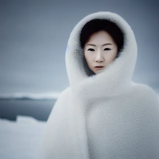 Image similar to portrait photograph of an elegant ginger Asian woman wearing a black kimono in the Arctic. super resolution. 85 mm f1.8 lens.bokeh.graflex. Alessio albi